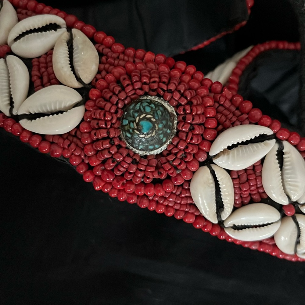 Beaded Belt Vintage Traditional Nepalese Cowrie Shells Red Beads Turquoise Inlay